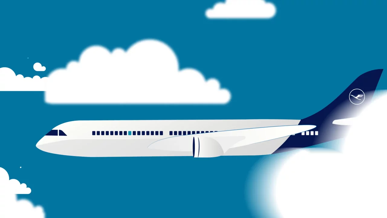 2D-Animation Beispiel: Stilisiertes Flugzeug in flächiger Illustration aus dem Lufthansa City Center Erklärvideo