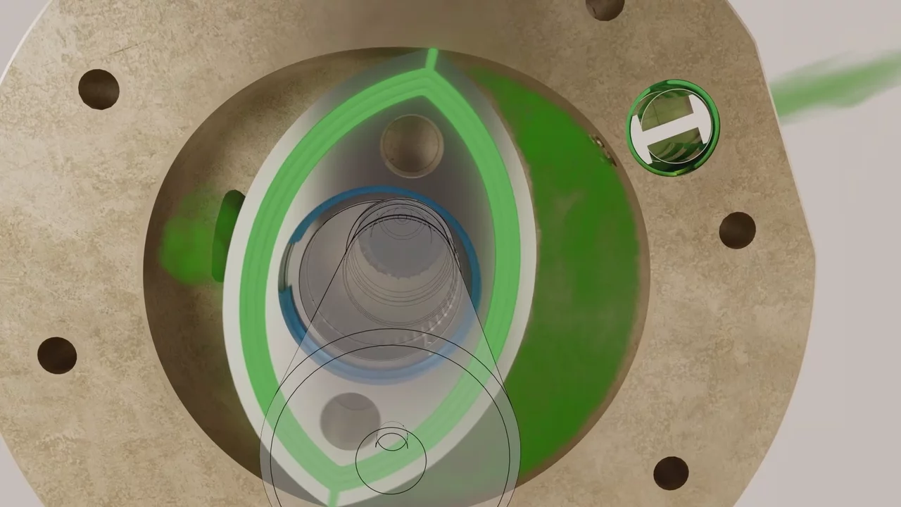 3D-Erklärvideo Beispiel: Schnittansicht eines Verdichters mit visualisiertem Gasfluss aus der fautech 3D-Animation
