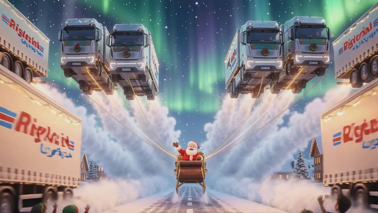 KI-Video Beispiel: Animierter Weihnachtsmann vor Lkw-Konvoi aus dem KI-generierten Weihnachtsvideo der Rigterink Logistikgruppe