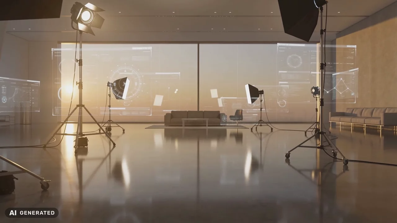 KI-generiertes Beispielvideo: Kamerafahrt durch ein Videostudio mit holografischen Interface-Elementen, erzeugt mit einem KI-Videomodell