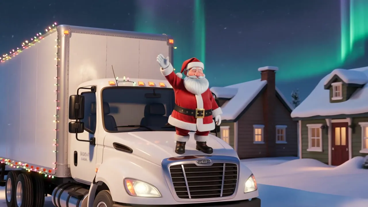 KI-Video-Vergleich: Von Kling 3.0 generierte Weihnachtsszene mit Lkw-Konvoi in verschneiter Siedlung unter Nordlichtern