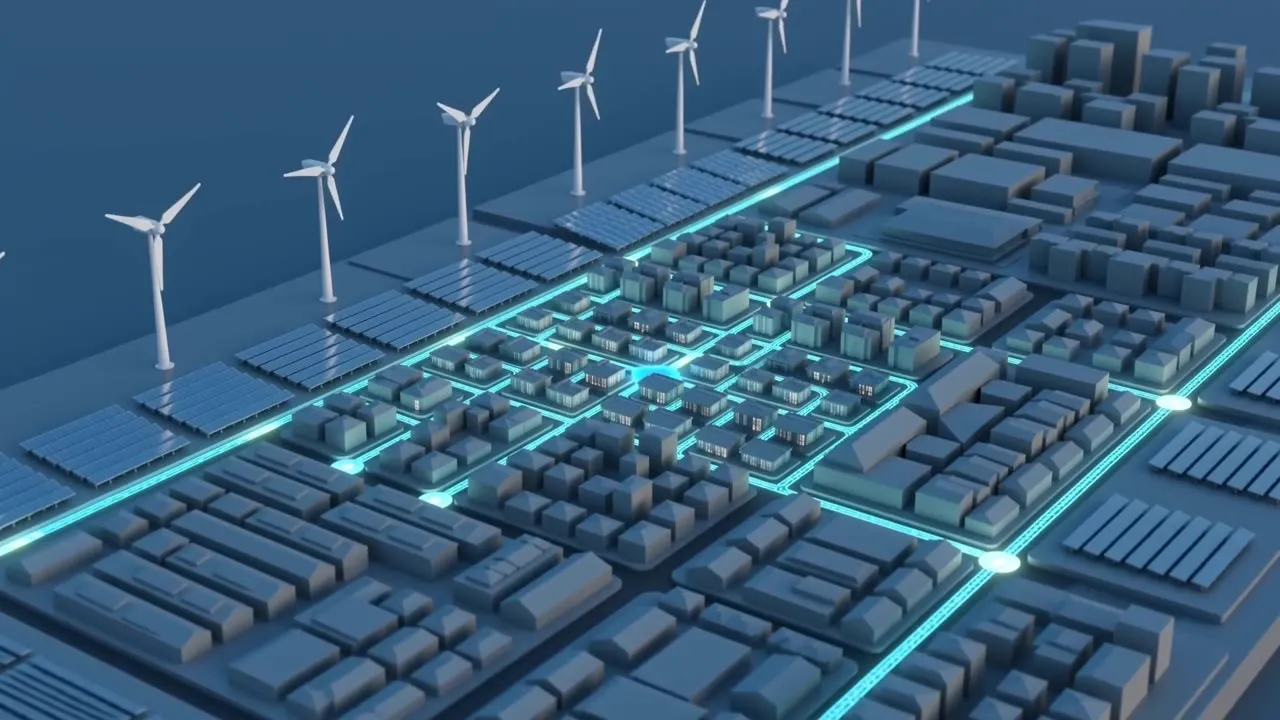 KI-Video-Vergleich: Von Seedance 2.0 generierte minimalistische Miniatur-Stadt in Blautönen mit leuchtendem Stromnetz