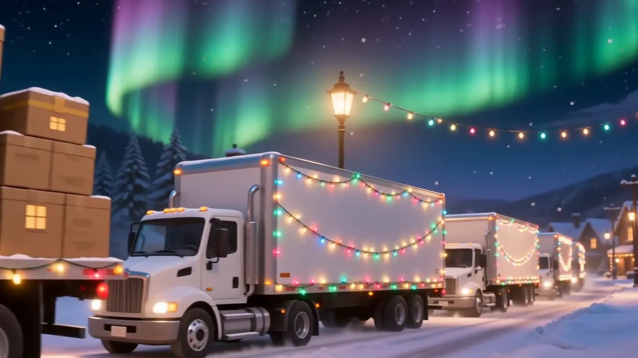 KI-Video-Vergleich: Von Seedance 2.0 generierte Weihnachtsszene mit winkendem Weihnachtsmann auf einer Lkw-Ladefläche