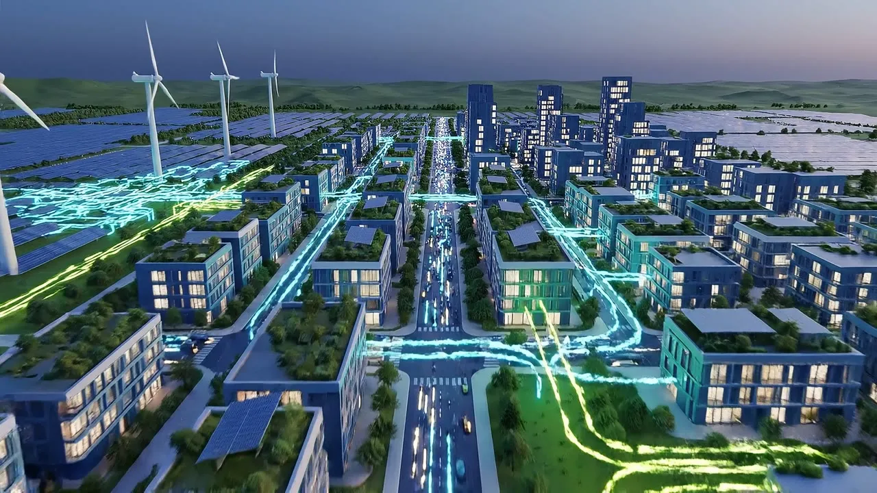 KI-Video-Vergleich: Von Veo 3.1 generierte Stadt aus der Vogelperspektive mit leuchtenden Energiefluss-Linien zwischen Windrädern und Gebäuden