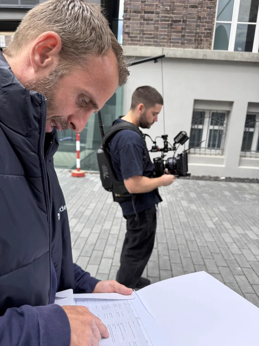 Aufnahmeleiter von videoboost prüft beim Außendreh die Shotlist, im Hintergrund richtet der Kameramann die Kamera ein