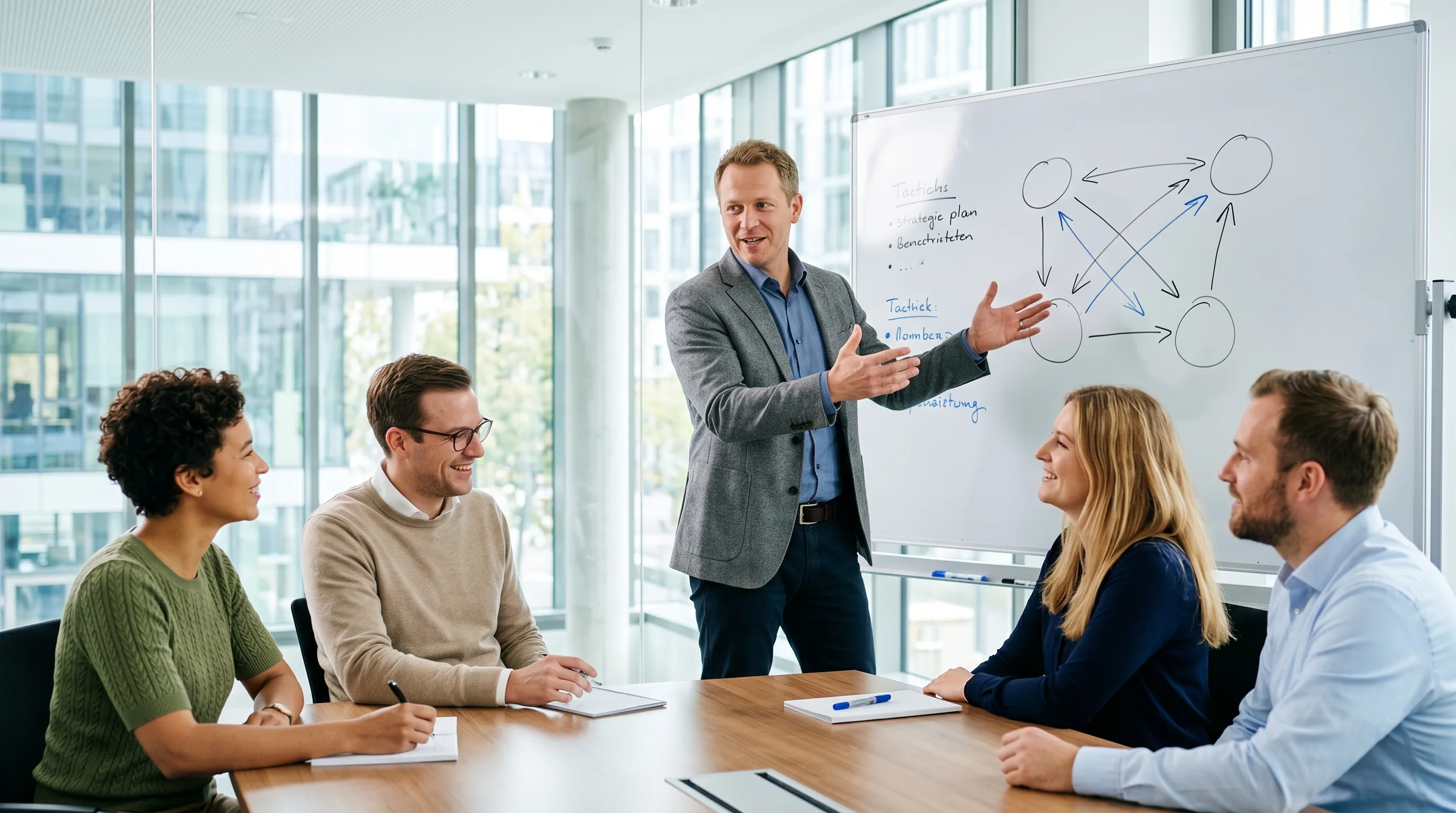 Team-Lead erklärt am Whiteboard eine Taktik mit Pfeilen und Kreisen, das Team hört zu