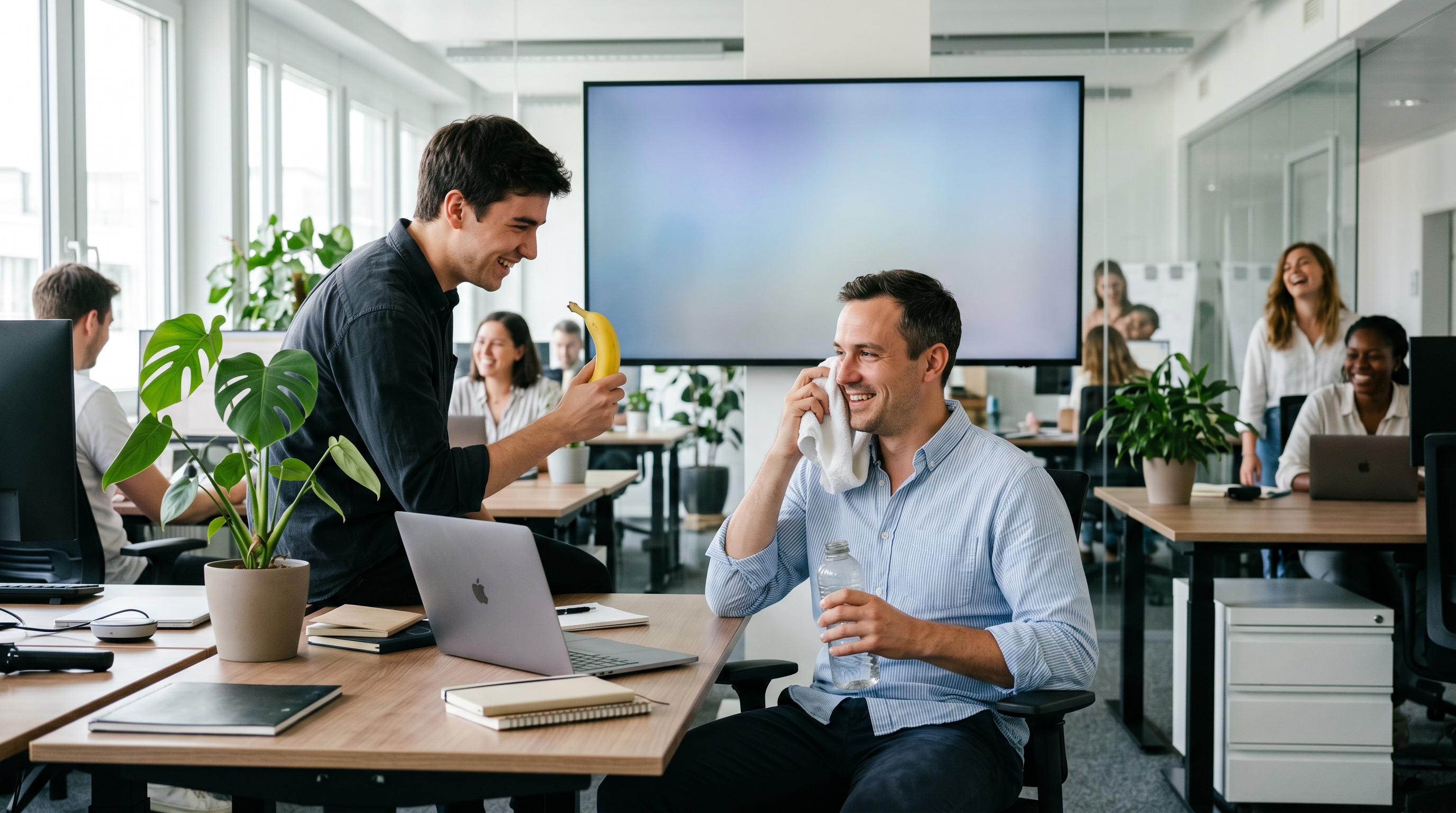 Büro-Szene: ein Mitarbeiter mit Handtuch und Wasserflasche gibt ein humorvolles Interview, ein Kollege hält eine Banane als Mikrofon