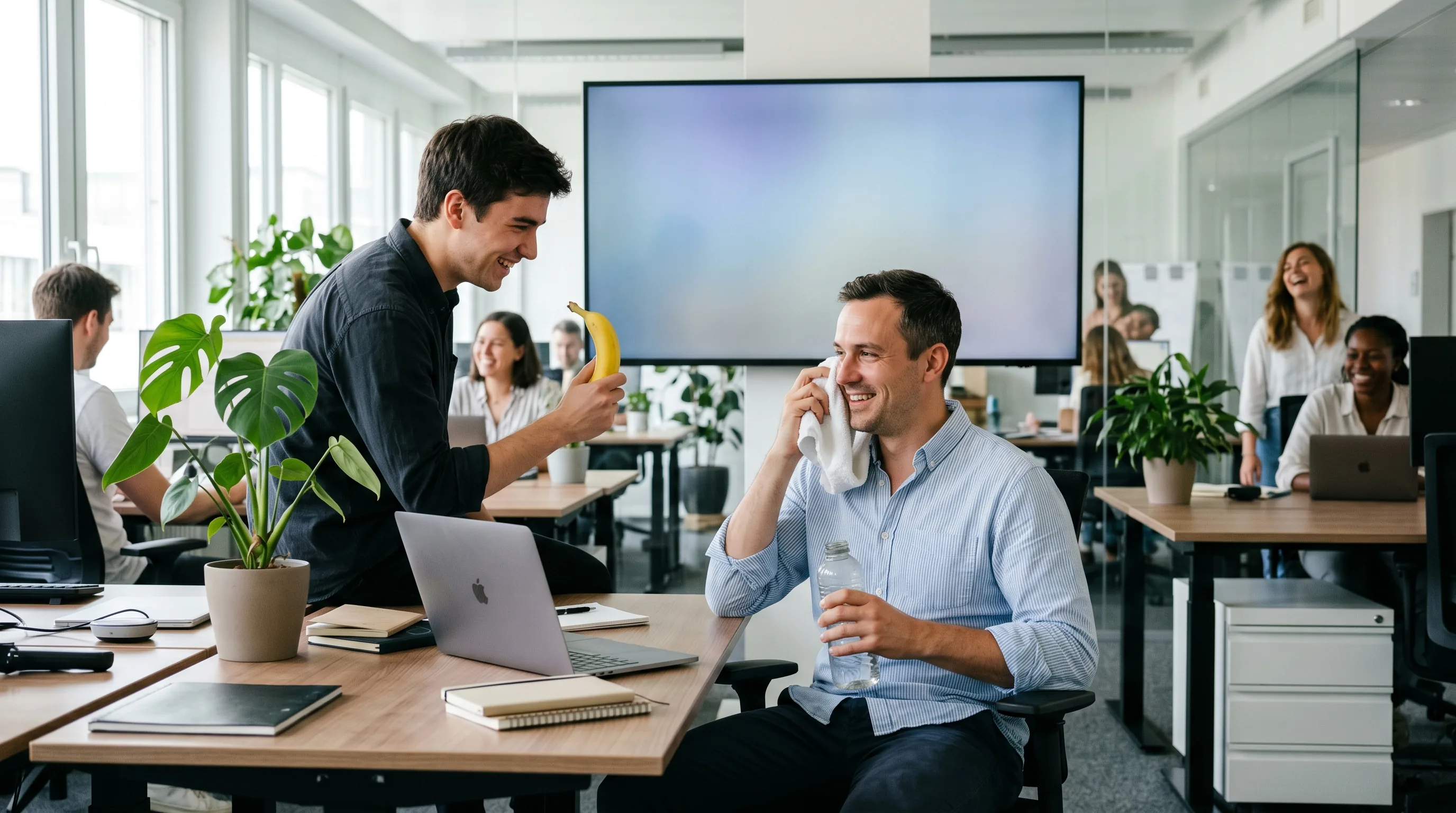 Büro-Szene: ein Mitarbeiter mit Handtuch und Wasserflasche gibt ein humorvolles Interview, ein Kollege hält eine Banane als Mikrofon