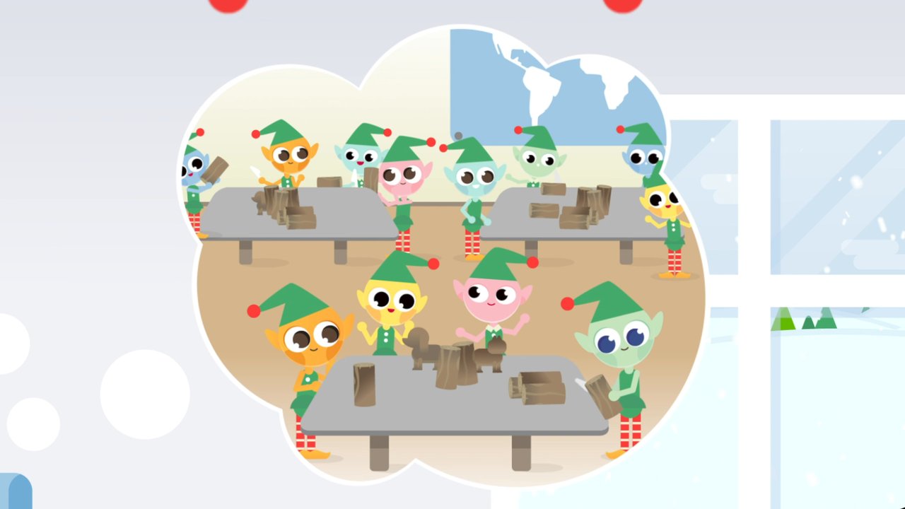 Szene aus dem TÜV Rheinland Weihnachtsvideo Secure Christmas: Wichtel bauen in einer 2D-animierten Werkstatt Spielzeug zusammen